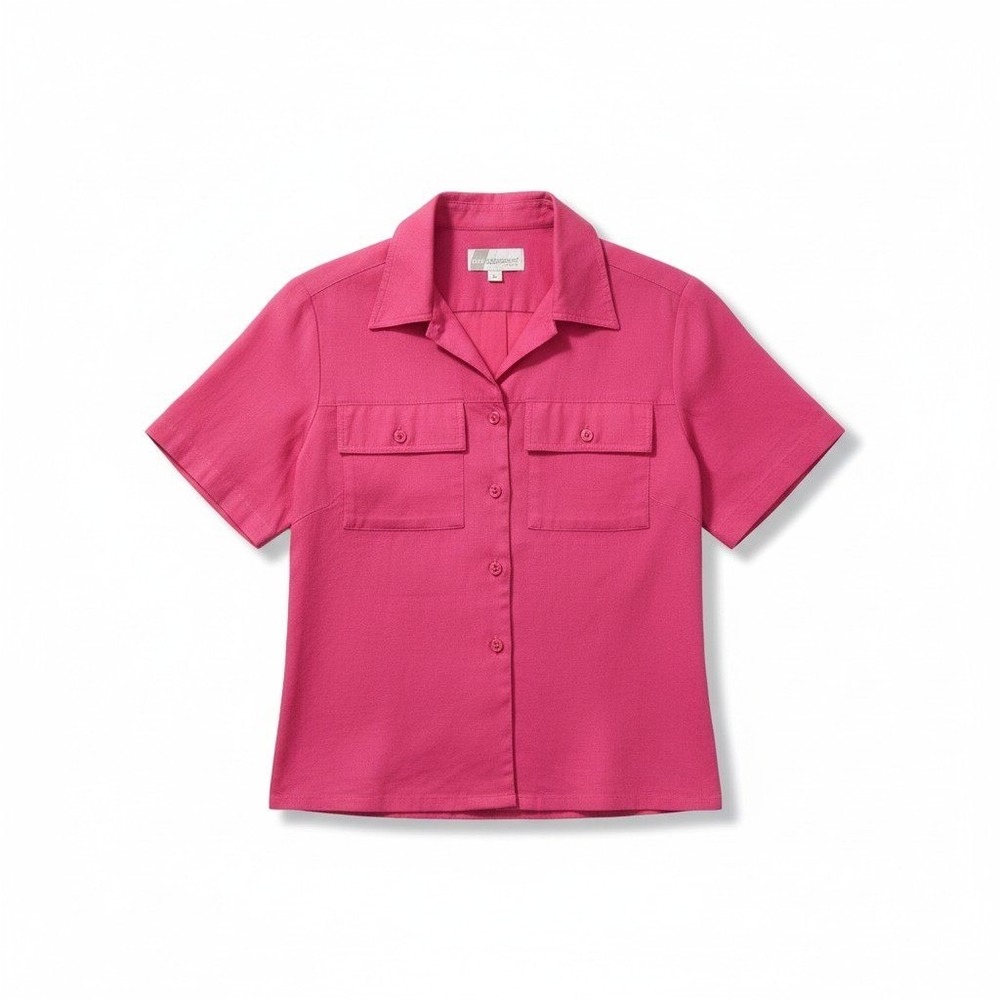 Au Courant Petite Vintage Hot Pink Short Sleeve Button Down Utility Shirt Top